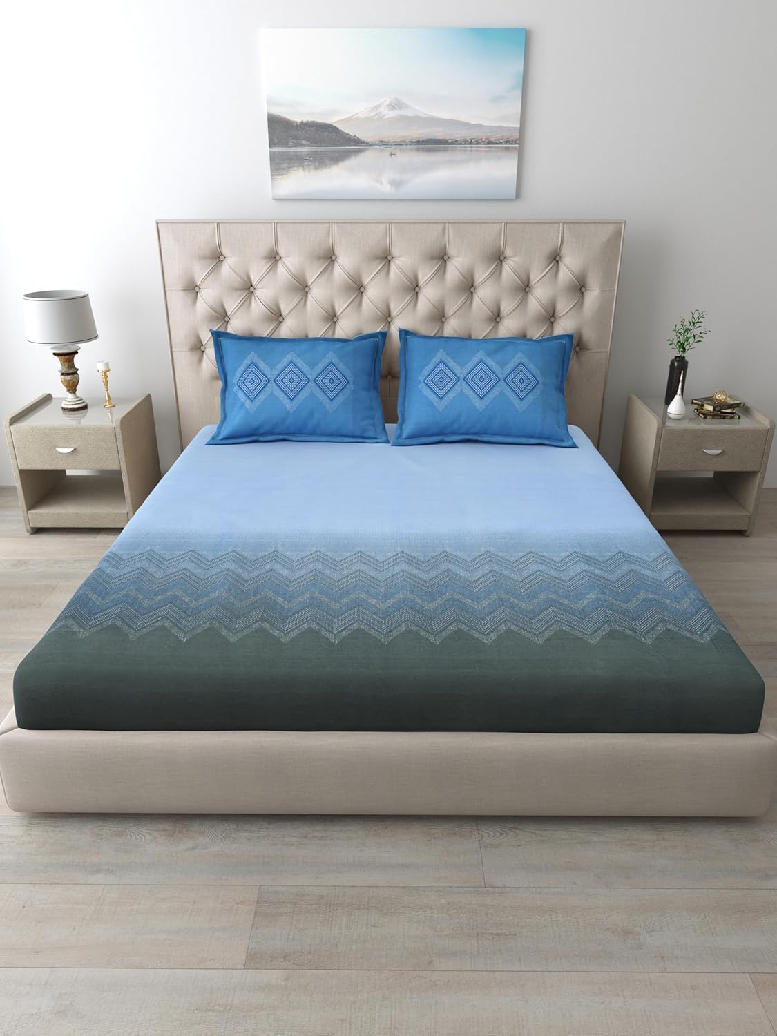 Mafatlal Autumn Delight Bedsheet – Blue & Grey, King, Cotton