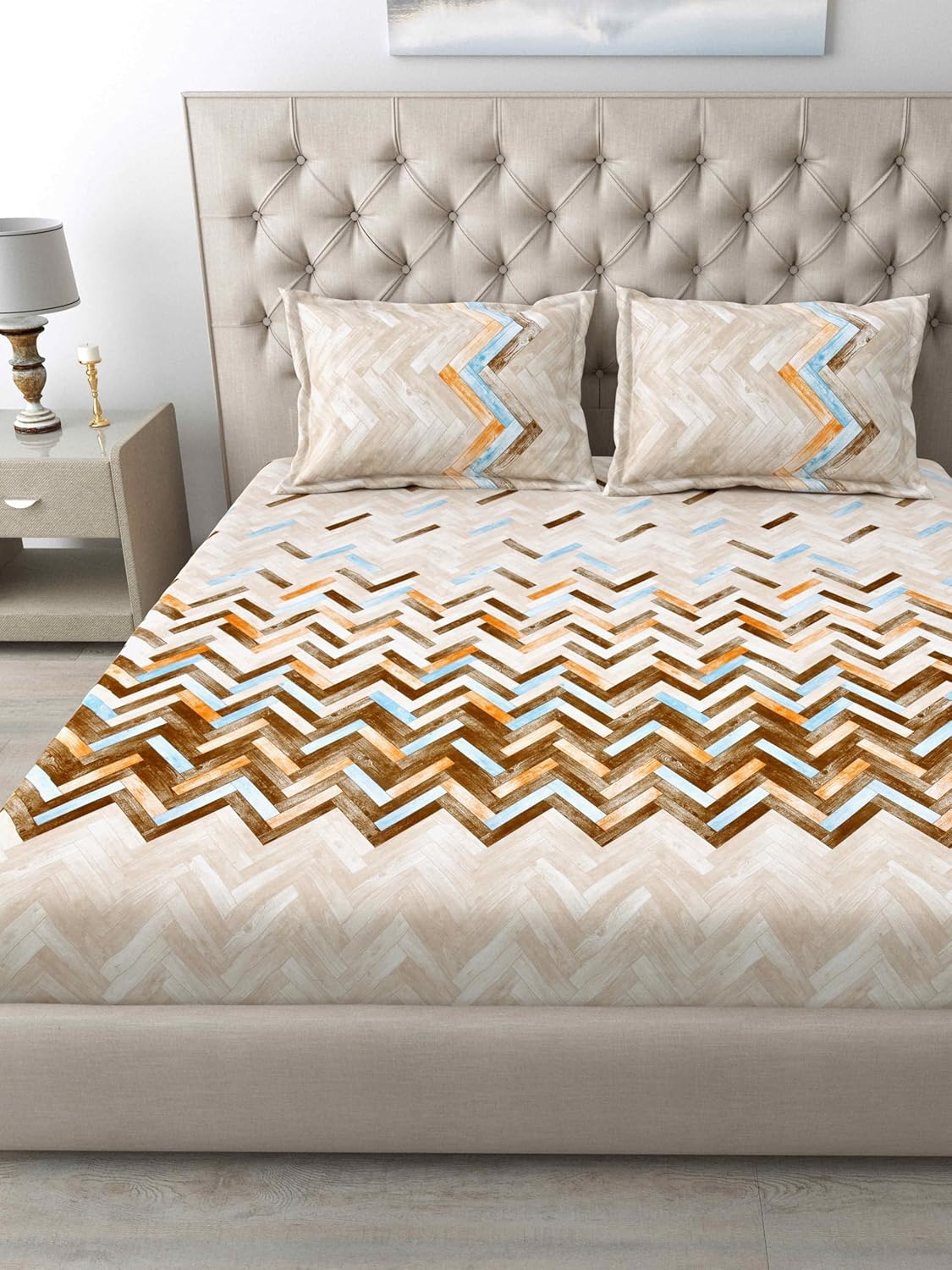 Mafatlal Autumn Delight Bedsheet – Light Yellow, Grey & White, King, Cotton