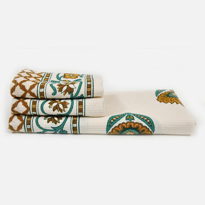 Madhuban Block Print Waffle Towel Set (1 Bath + 2 Hand) - Hero