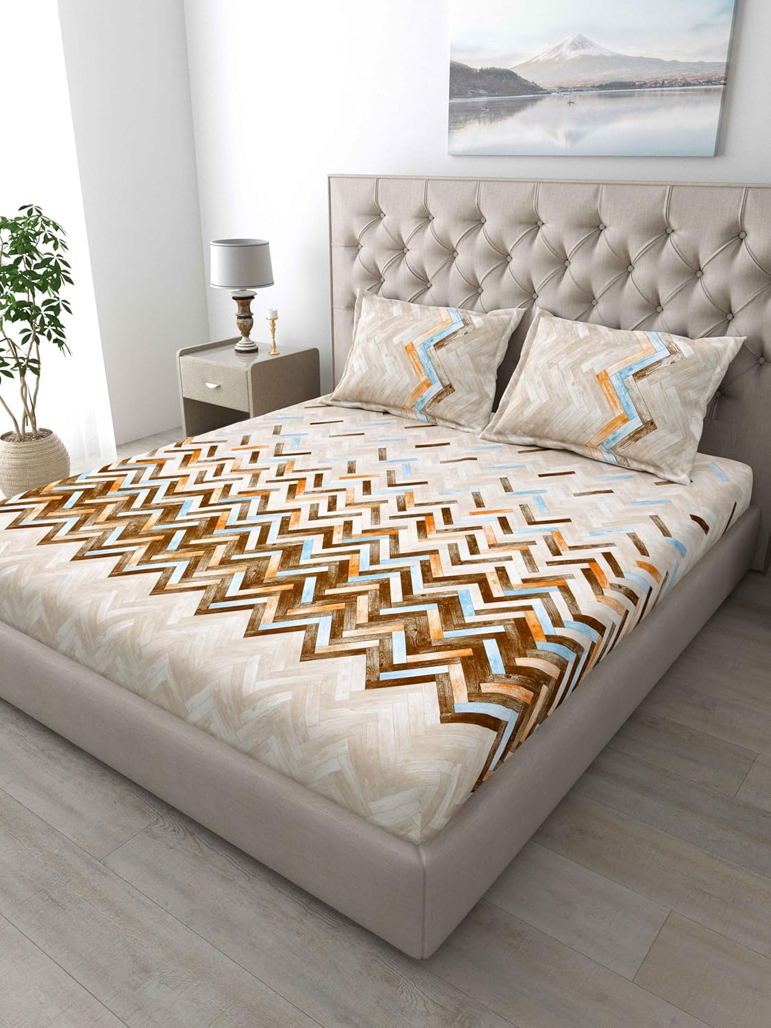 Mafatlal Autumn Delight Bedsheet – Light Yellow, Grey & White, King, Cotton