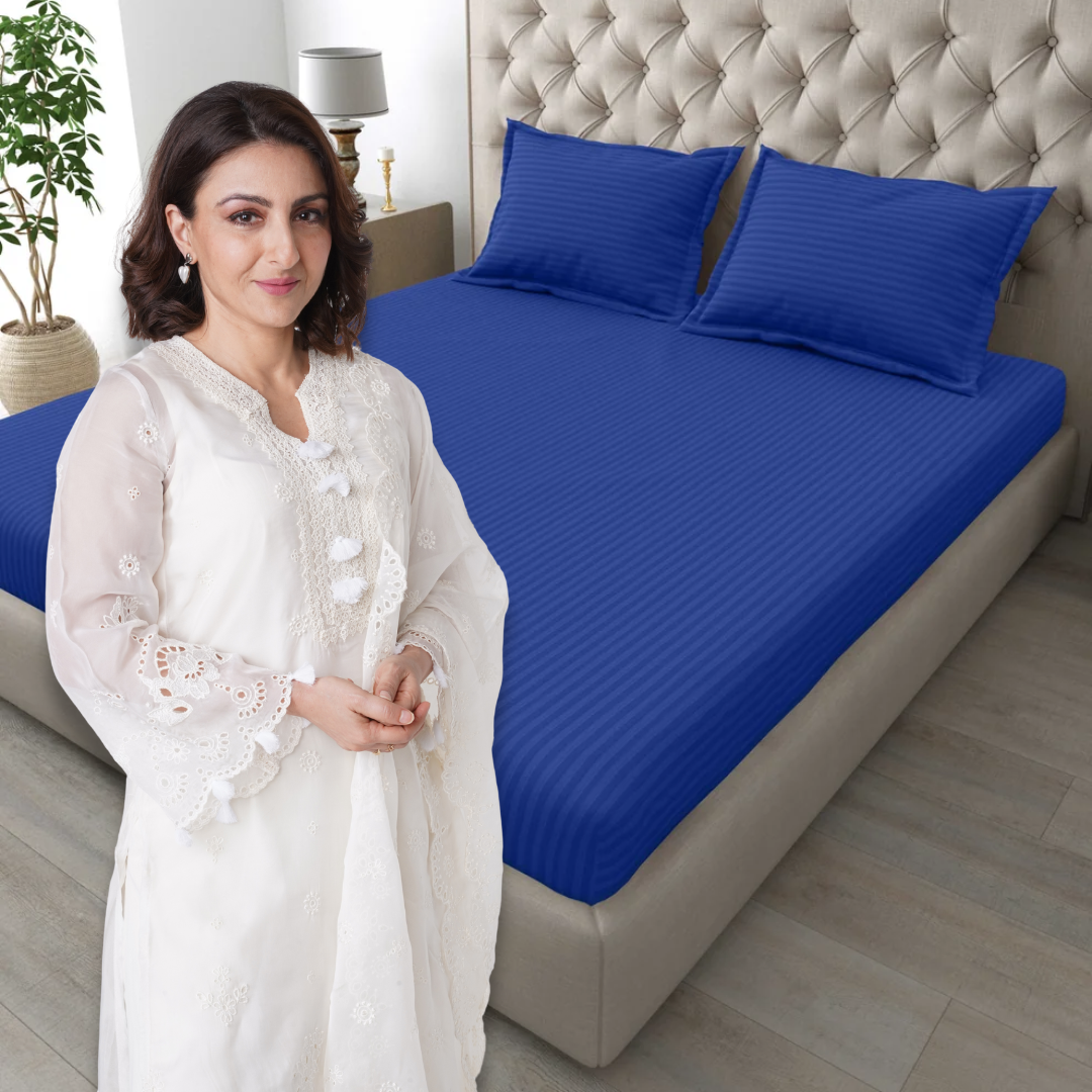 Italian Stripe King Size Bedsheet with 2 Pillow Covers | 210 TC Pure Cotton | Dark Blue