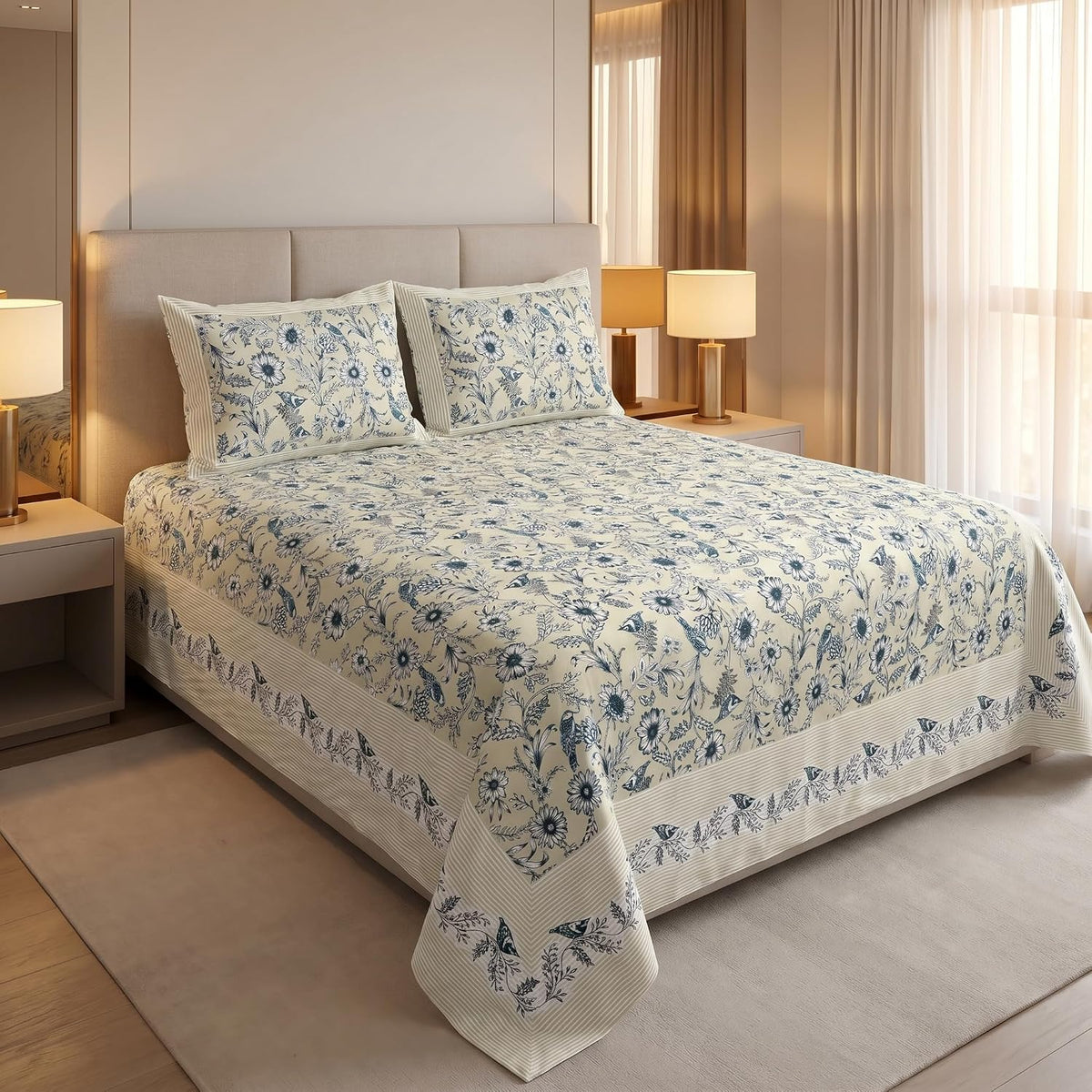 144 TC Cotton Queen Size Bedsheet with 2 Pillow Covers | 108 x 90 Inches | Multicolor Print