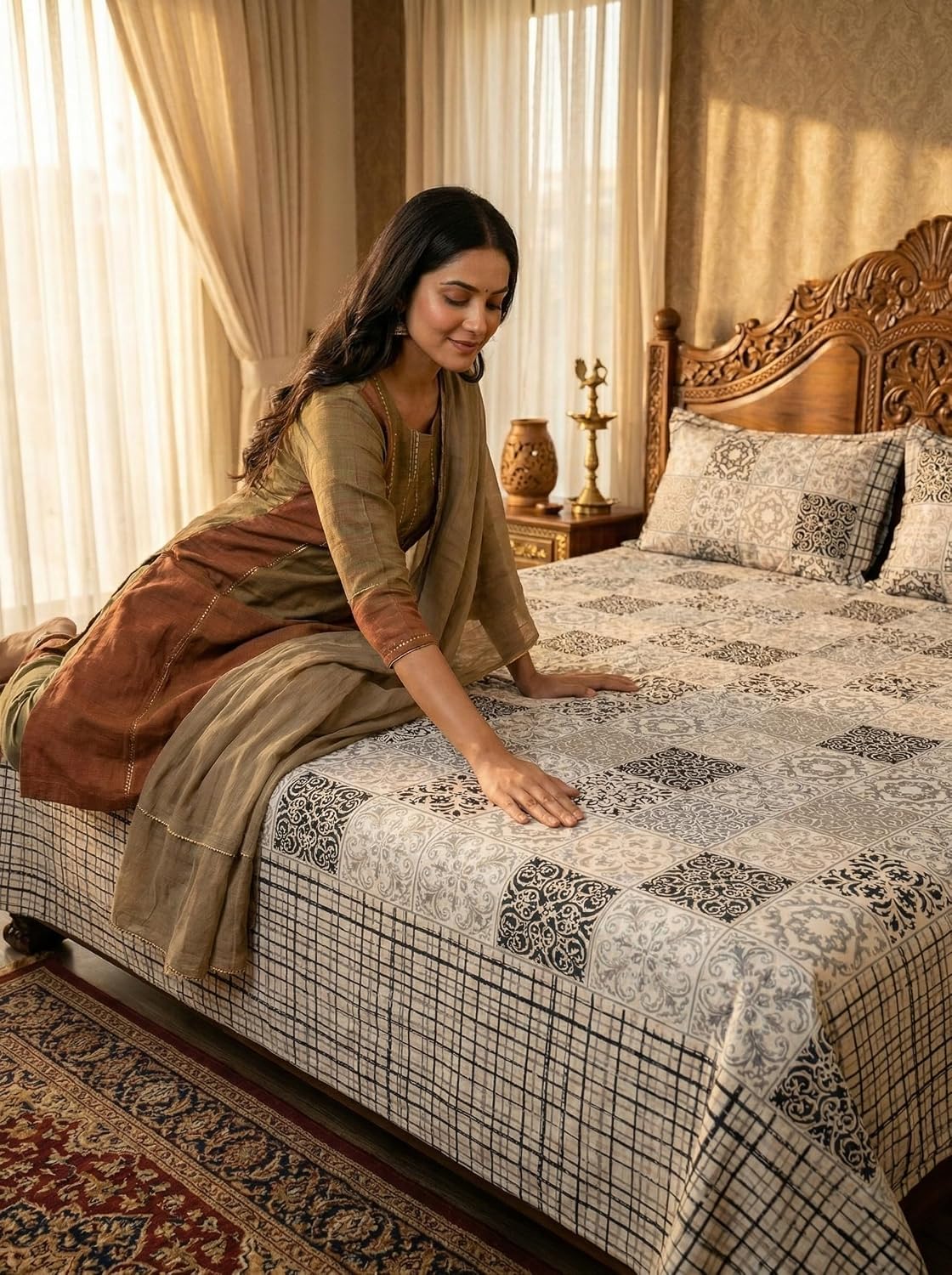 Jaipuri Printed Queen Size Cotton Bedsheet with 2 Pillow Covers | 144 TC | 90 x 108 Inches | Black White