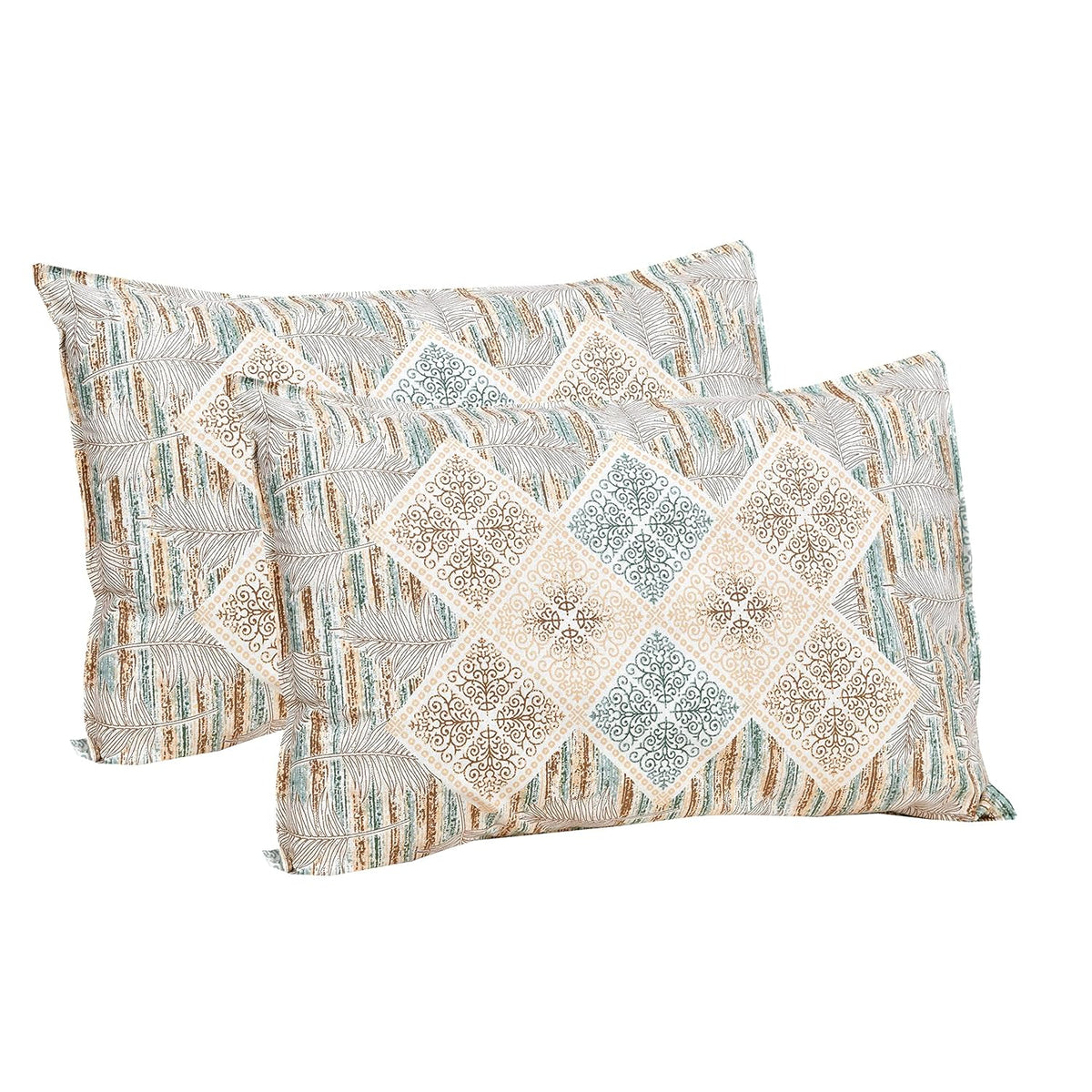 Jaipuri Traditional Print Queen Size Cotton Bedsheet Set with 2 Pillow Covers | 144 TC | 90 x 108 Inches | Dutch White