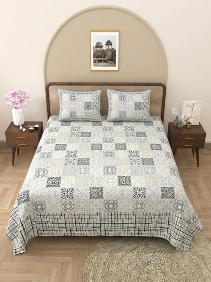 Jaipuri Printed Queen Size Cotton Bedsheet with 2 Pillow Covers | 144 TC | 90 x 108 Inches | Black White