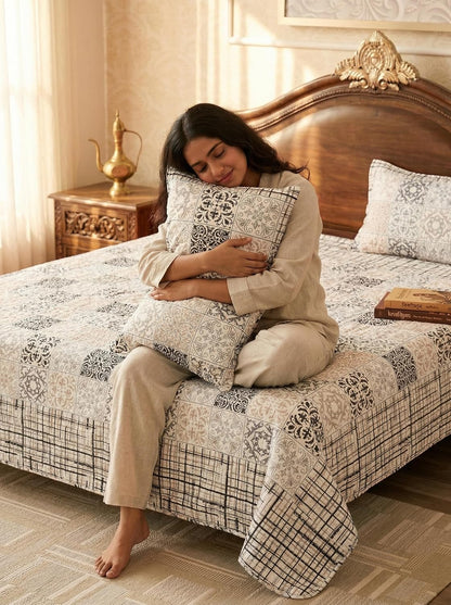 Jaipuri Printed Queen Size Cotton Bedsheet with 2 Pillow Covers | 144 TC | 90 x 108 Inches | Black White