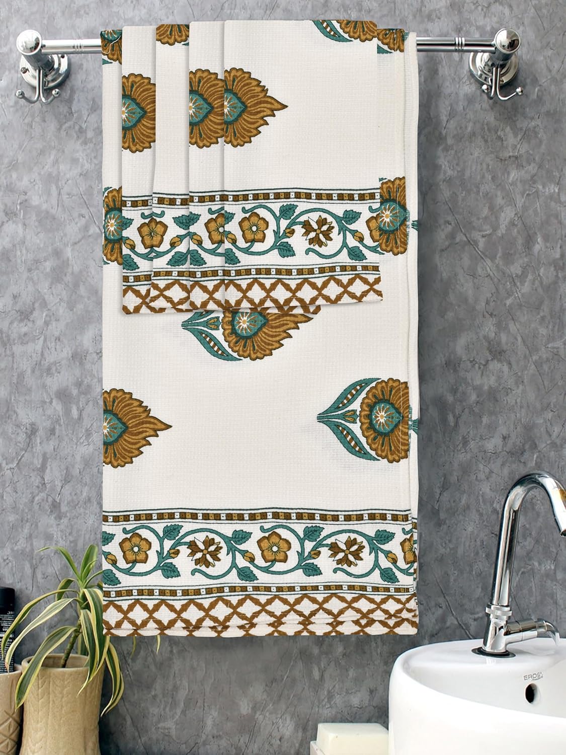 Madhuban Block Print Waffle Towel Set (1 Bath + 2 Hand)
