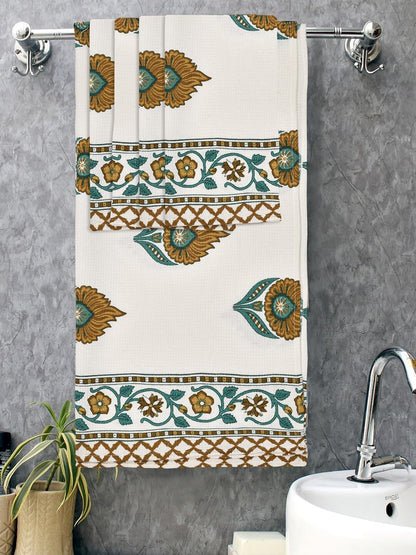 Madhuban Block Print Waffle Towel Set (1 Bath + 2 Hand)