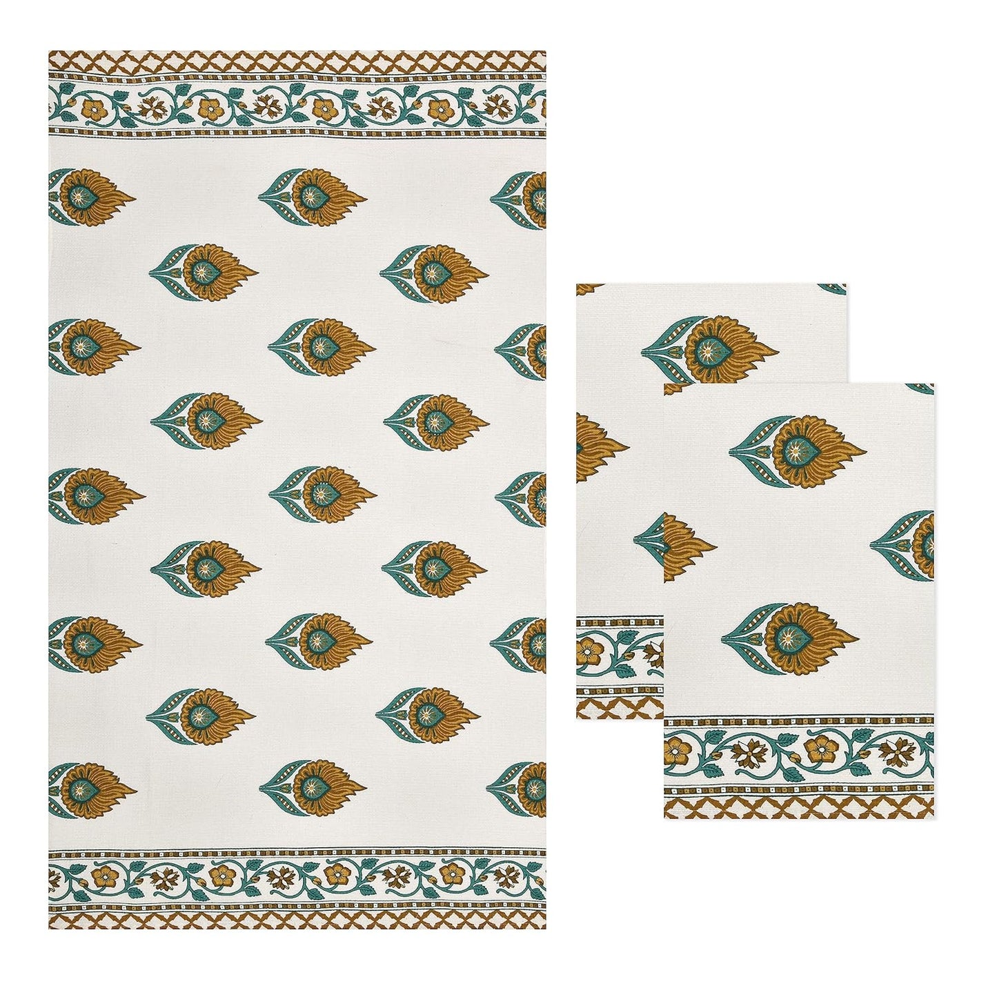 Madhuban Block Print Waffle Towel Set (1 Bath + 2 Hand)