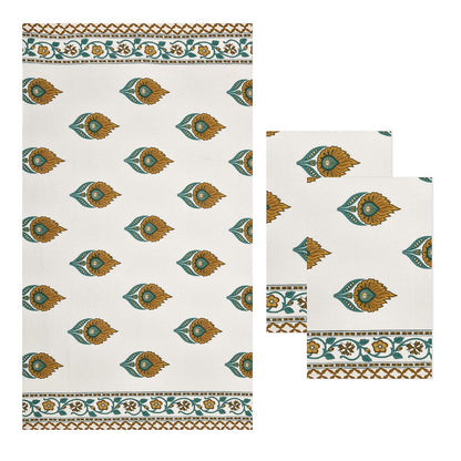 Madhuban Block Print Waffle Towel Set (1 Bath + 2 Hand)