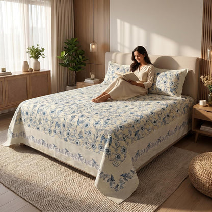 144 TC Cotton Queen Size Bedsheet with 2 Pillow Covers | 108 x 90 Inches | Multicolor Print