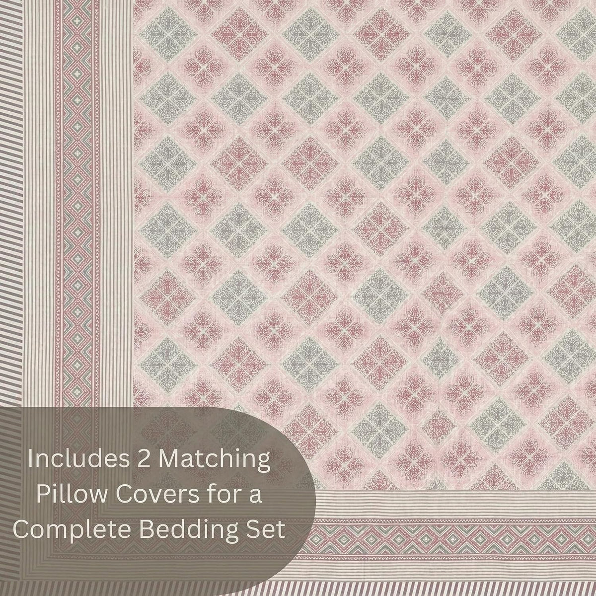 Jaipuri Traditional Print Queen Size Bedsheet with 2 Pillow Covers | 144 TC Cotton | 90 x 108 Inches |Flesh Pink