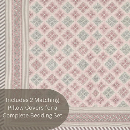 Jaipuri Traditional Print Queen Size Bedsheet with 2 Pillow Covers | 144 TC Cotton | 90 x 108 Inches |Flesh Pink