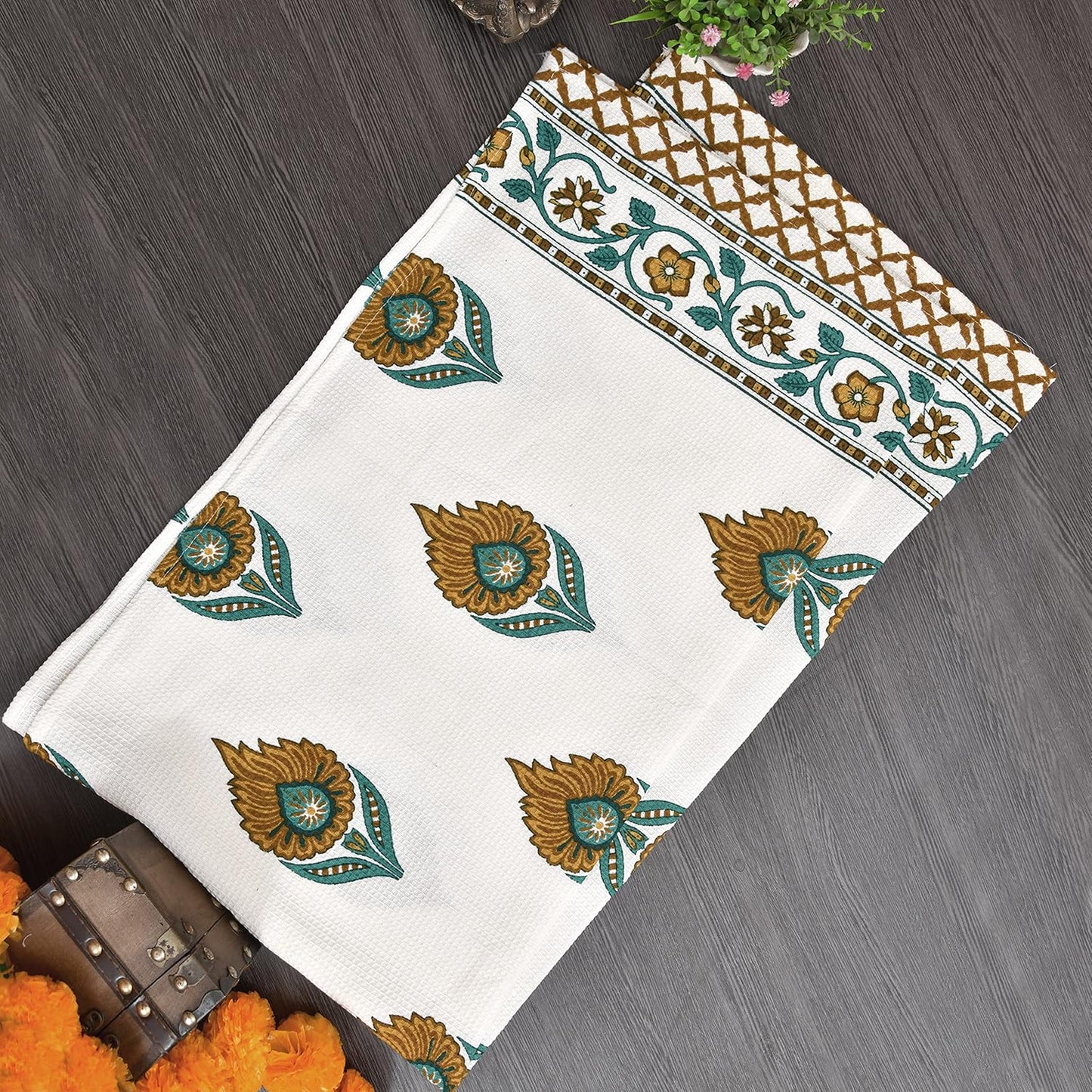 Madhuban Block Print Waffle Towel Set (1 Bath + 2 Hand)