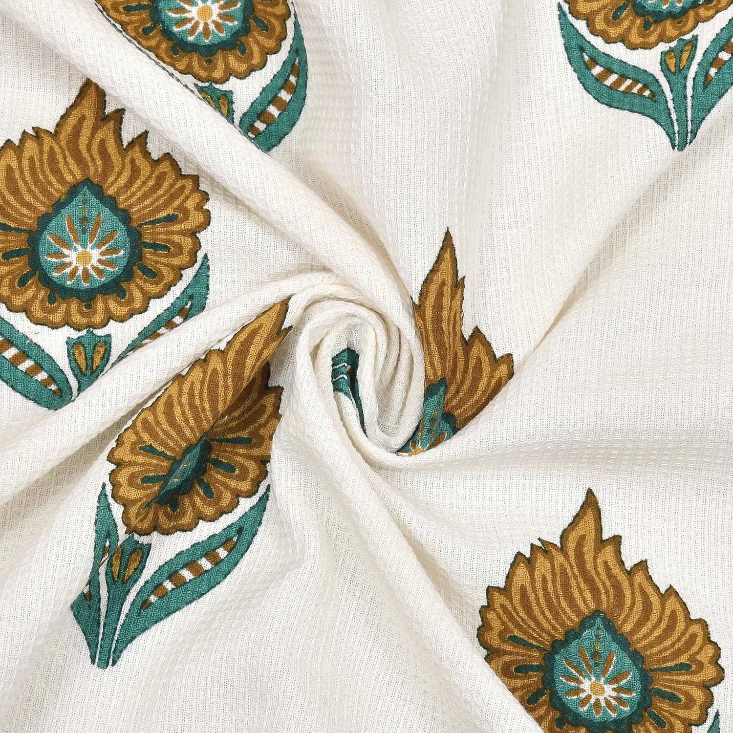 Madhuban Block Print Waffle Towel Set (1 Bath + 2 Hand) - Macro