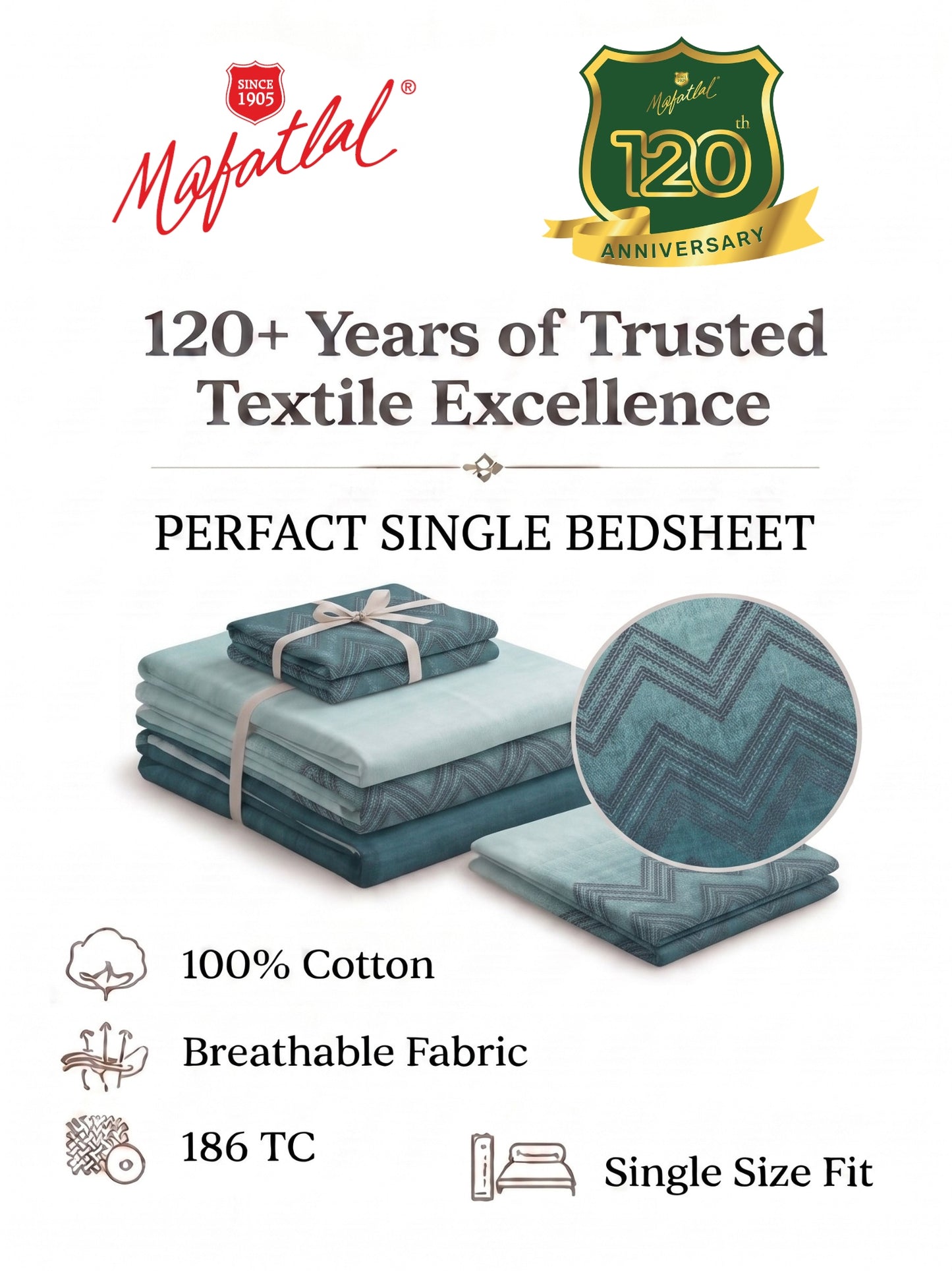 186 TC 100% Cotton Single Bedsheet | 90 x 60 Inches