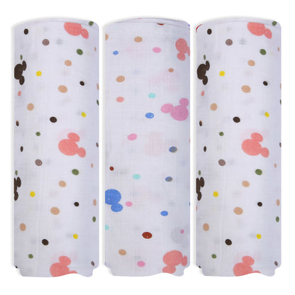 Baby Swaddle Wrapper Pack of 3 | 100% Cotton Muslin | Mickey & Polka Dot Print | 100x100 cm | Soft & Breathable
