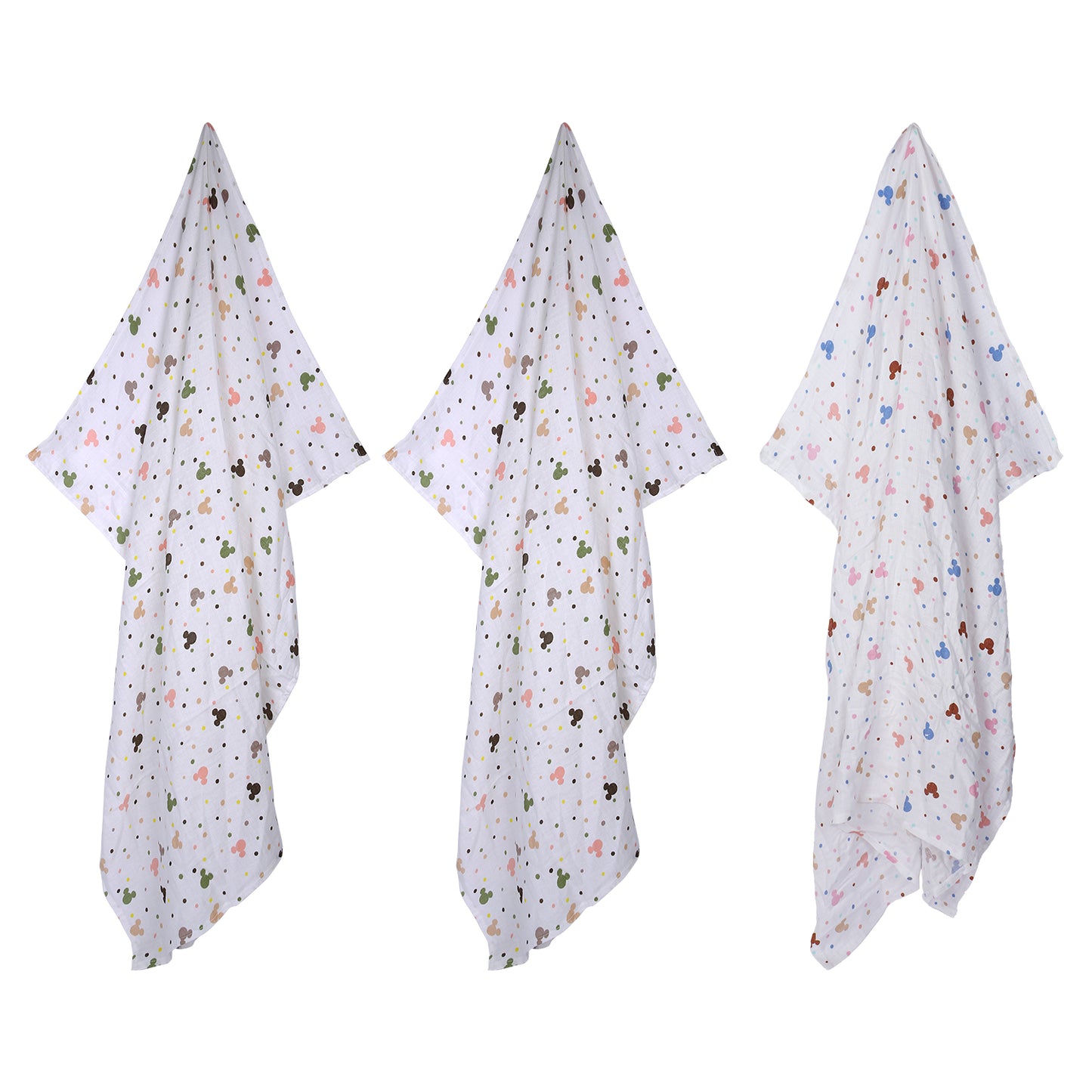 Baby Swaddle Wrapper Pack of 3 | 100% Cotton Muslin | Mickey & Polka Dot Print | 100x100 cm | Soft & Breathable