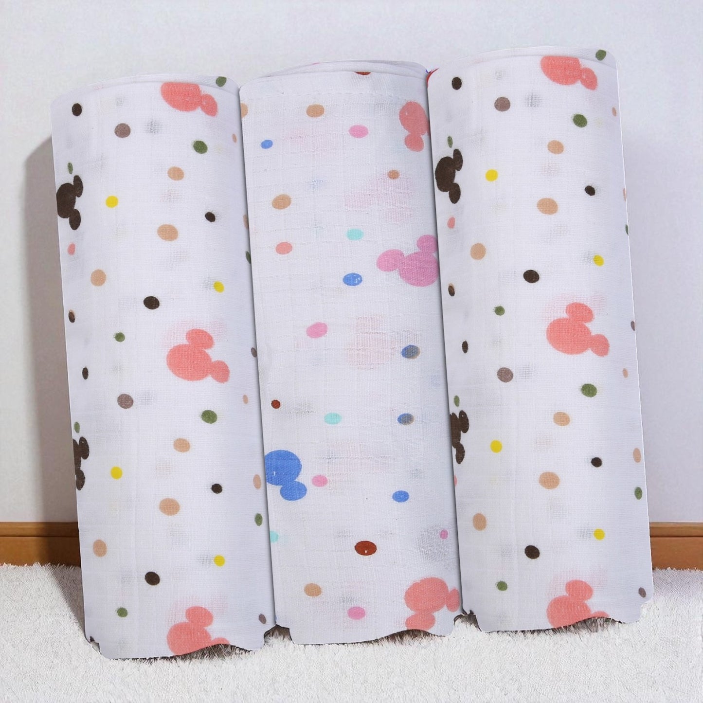 Baby Swaddle Wrapper Pack of 3 | 100% Cotton Muslin | Mickey & Polka Dot Print | 100x100 cm | Soft & Breathable