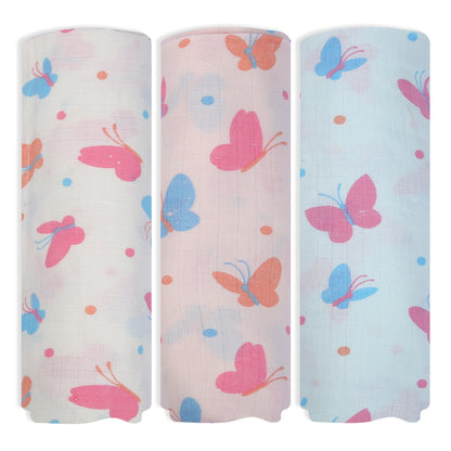Baby Swaddle Wrapper Pack of 3 | 100% Cotton Muslin | Butterfly Print | 100x100 cm | Soft & Breathable