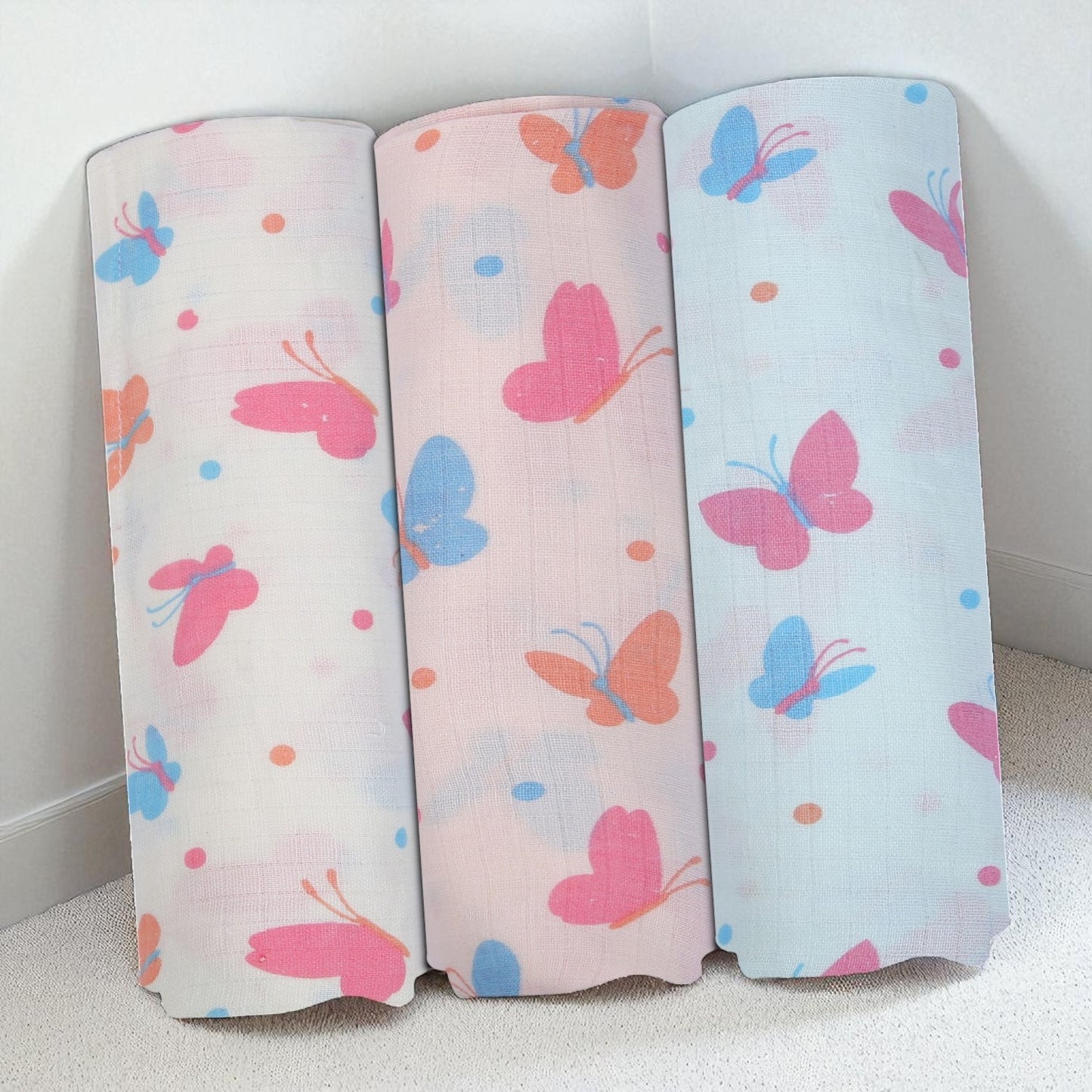 Baby Swaddle Wrapper Pack of 3 | 100% Cotton Muslin | Butterfly Print | 100x100 cm | Soft & Breathable
