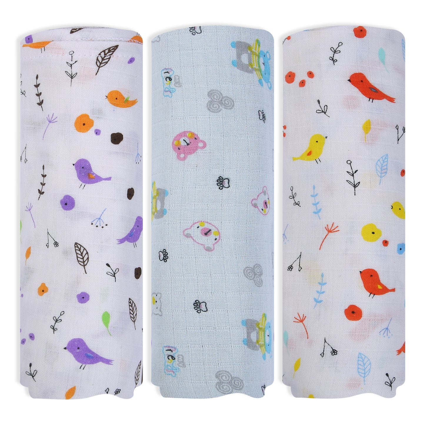 Baby Swaddle Wrapper Pack of 3 | 100% Cotton Muslin | Tropical Birds Print | 100x100 cm | Soft & Breathable