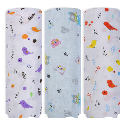 Baby Swaddle Wrapper Pack of 3 | 100% Cotton Muslin | Tropical Birds Print | 100x100 cm | Soft & Breathable
