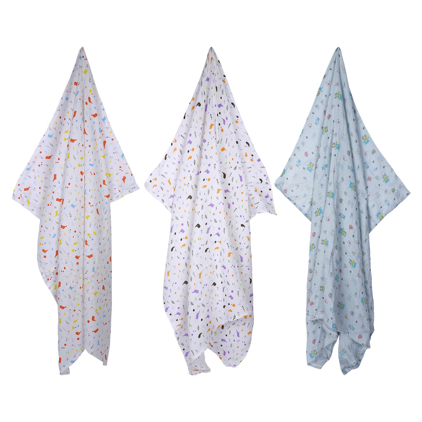 Baby Swaddle Wrapper Pack of 3 | 100% Cotton Muslin | Tropical Birds Print | 100x100 cm | Soft & Breathable