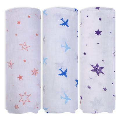 Baby Swaddle Wrapper Pack of 3 | 100% Cotton Muslin | Star & Airplane Print | 100x100 cm | Soft & Breathable