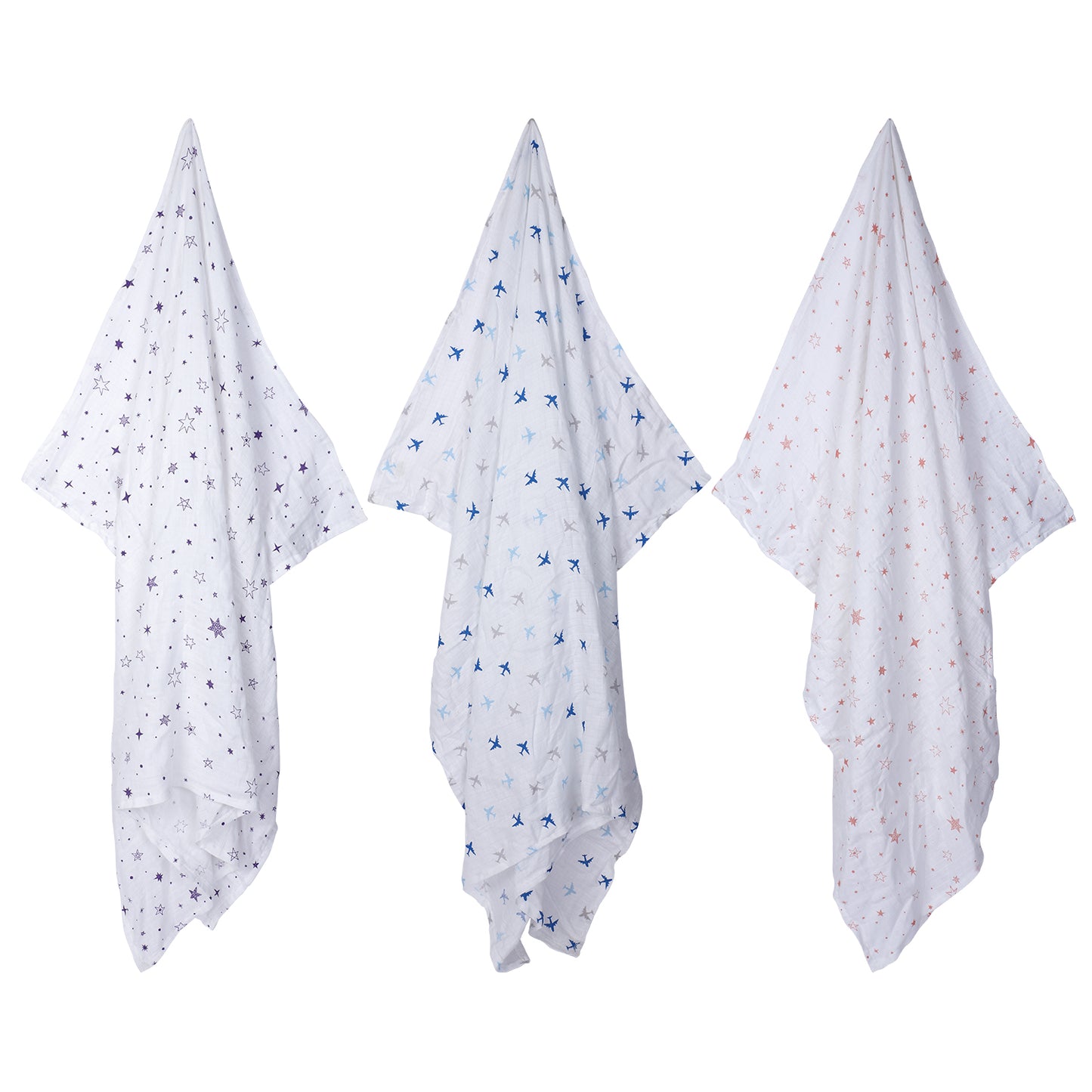 Baby Swaddle Wrapper Pack of 3 | 100% Cotton Muslin | Star & Airplane Print | 100x100 cm | Soft & Breathable