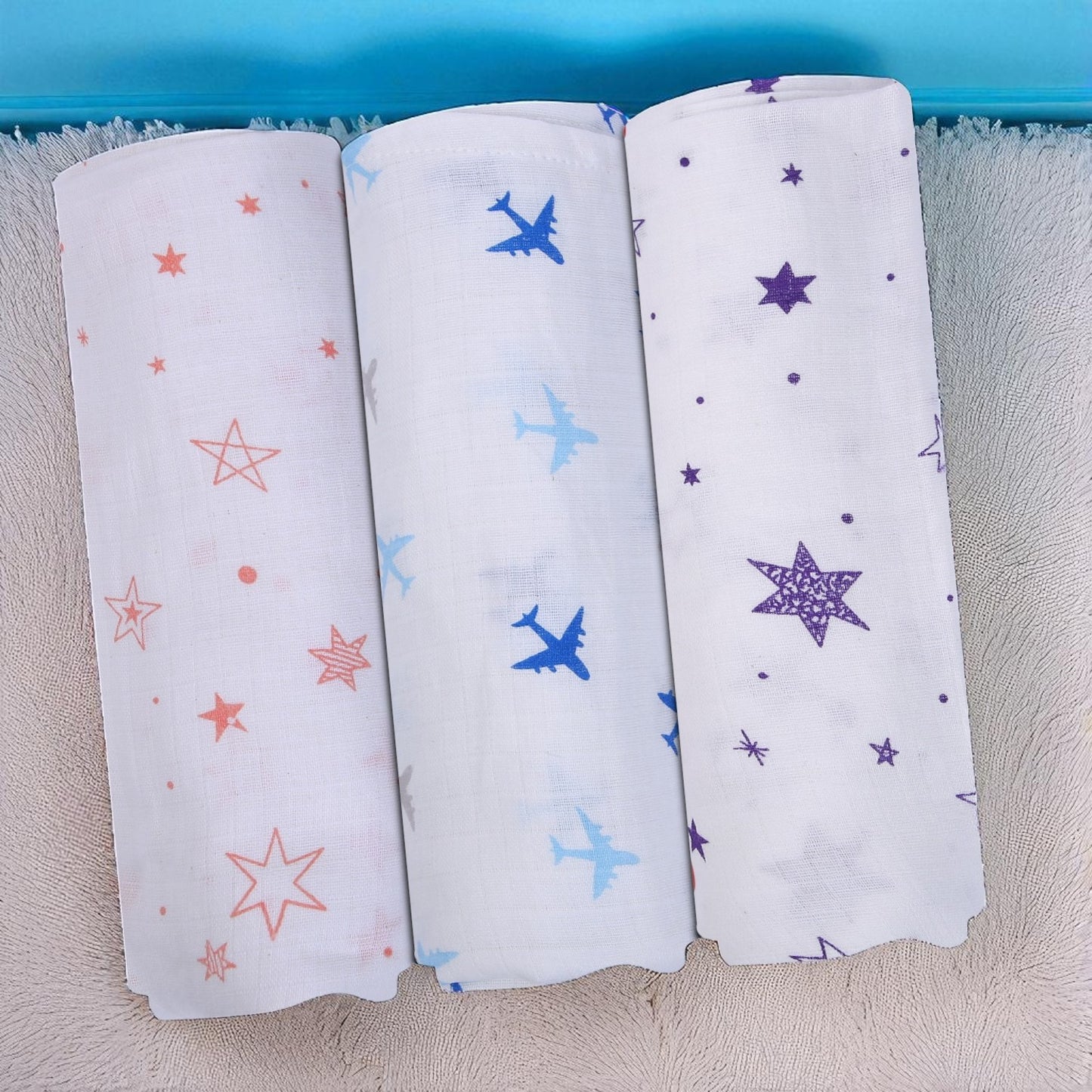 Baby Swaddle Wrapper Pack of 3 | 100% Cotton Muslin | Star & Airplane Print | 100x100 cm | Soft & Breathable