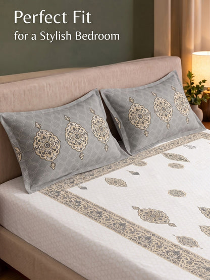 BOTTEGA PANEL Luxury King Size Bedsheet | 100% Cotton | 210 TC Premium Fabric | 108 x 108 Inches | Includes 2 Pillow Covers