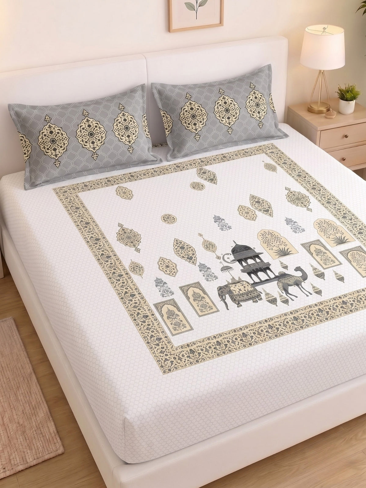 BOTTEGA PANEL Luxury King Size Bedsheet | 100% Cotton | 210 TC Premium Fabric | 108 x 108 Inches | Includes 2 Pillow Covers