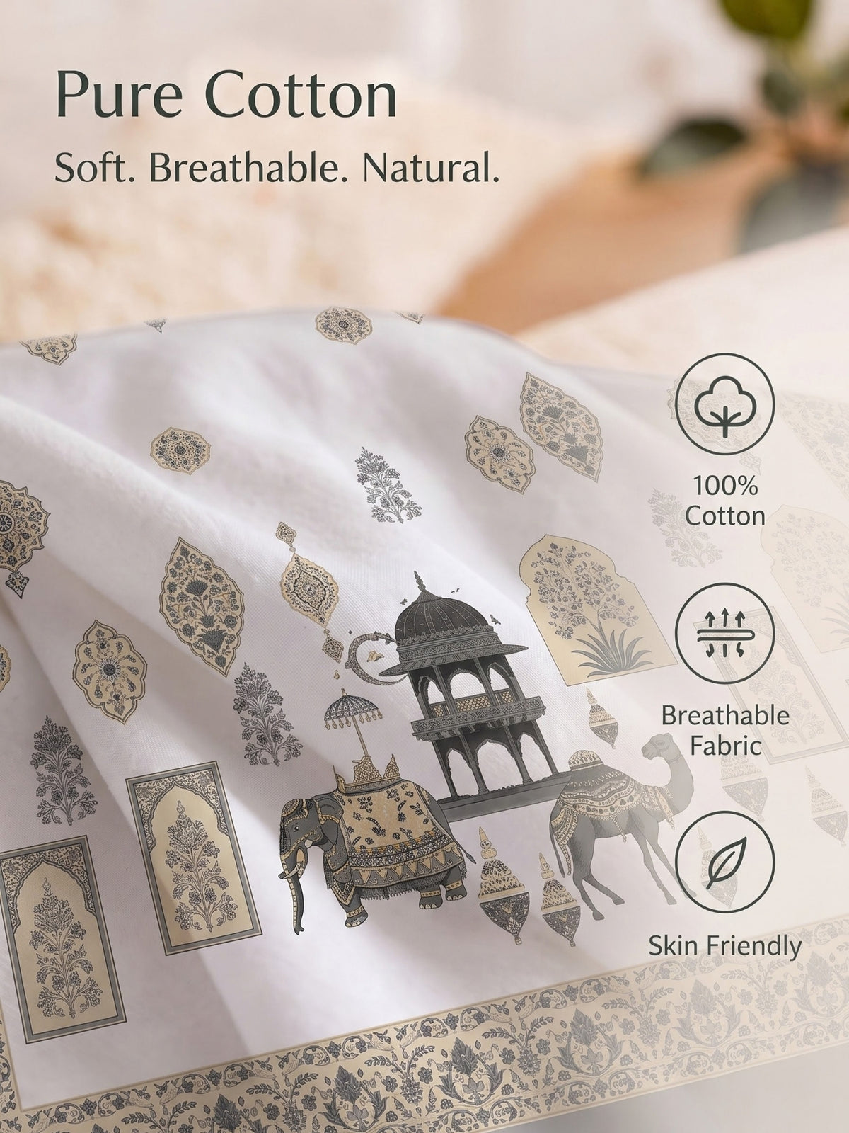 BOTTEGA PANEL Luxury King Size Bedsheet | 100% Cotton | 210 TC Premium Fabric | 108 x 108 Inches | Includes 2 Pillow Covers