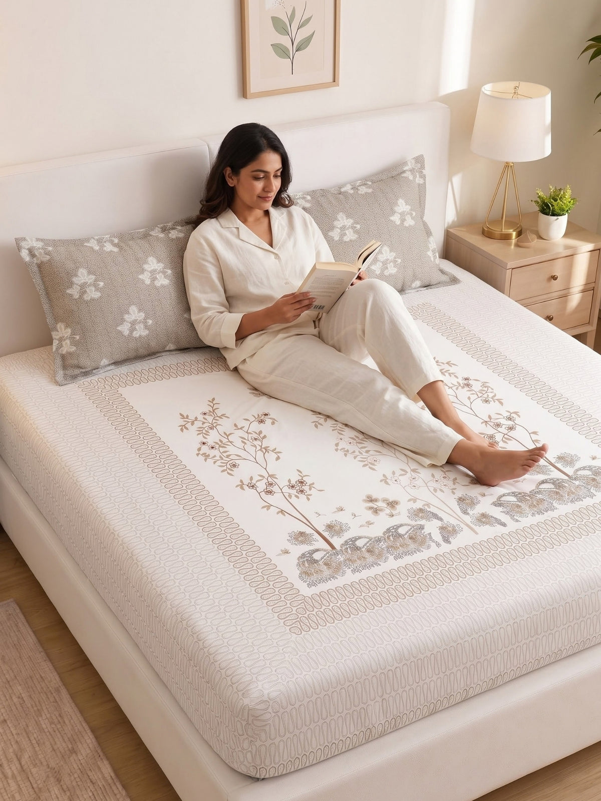 BOTTEGA PANEL Luxury King Size Bedsheet | 100% Cotton | 210 TC Premium Fabric | 108 x 108 Inches | Includes 2 Pillow Covers
