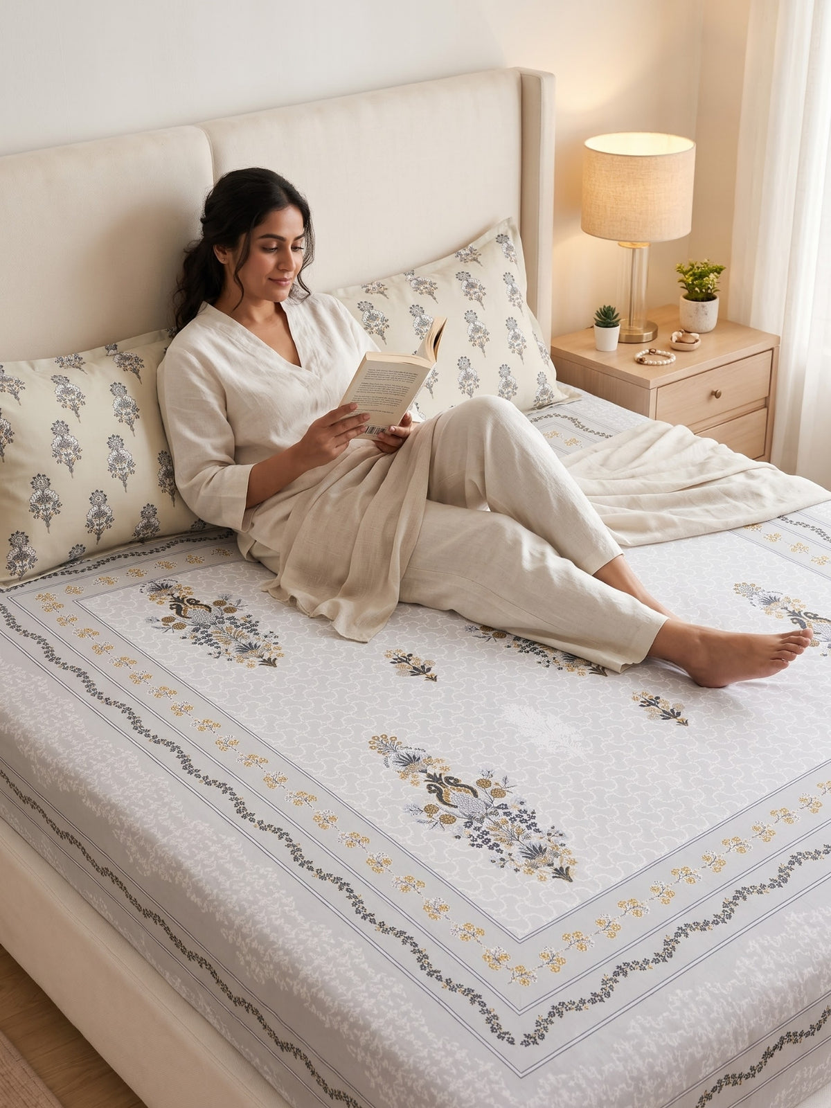 BOTTEGA PANEL Luxury King Size Bedsheet | 100% Cotton | 210 TC Premium Fabric | 108 x 108 Inches | Includes 2 Pillow Covers