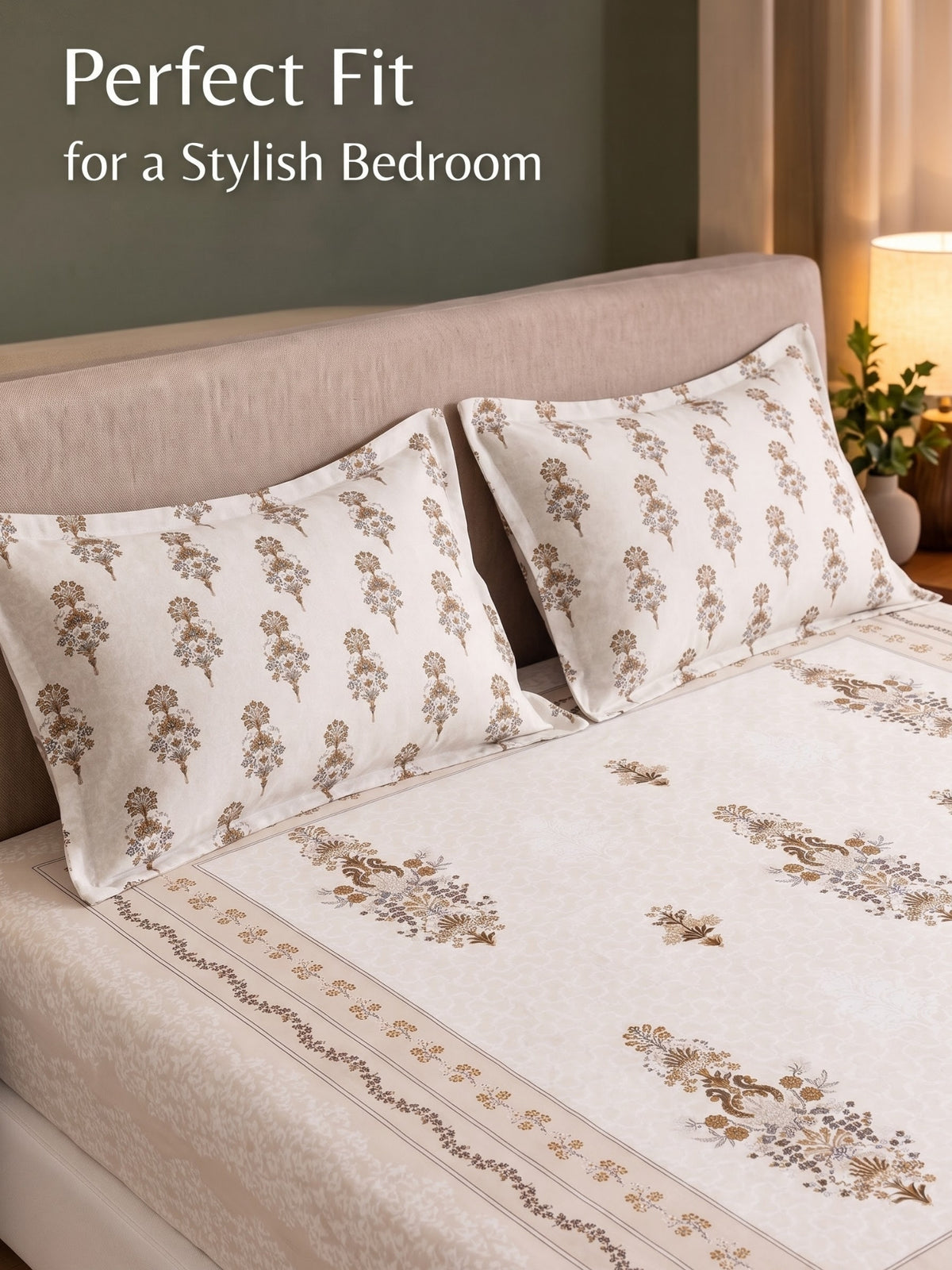 BOTTEGA PANEL Luxury King Size Bedsheet | 100% Cotton | 210 TC Premium Fabric | 108 x 108 Inches | Includes 2 Pillow Covers