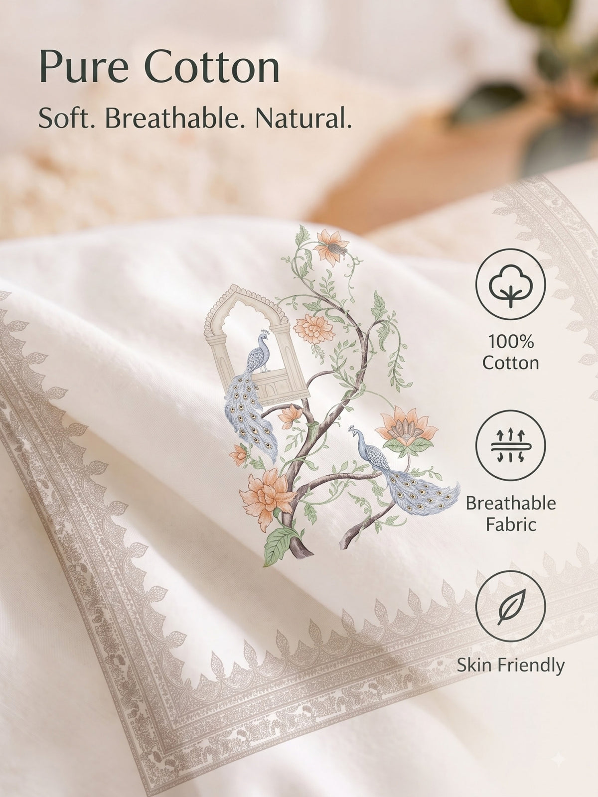 BOTTEGA PANEL Luxury King Size Bedsheet | 100% Cotton | 210 TC Premium Fabric | 108 x 108 Inches | Includes 2 Pillow Covers