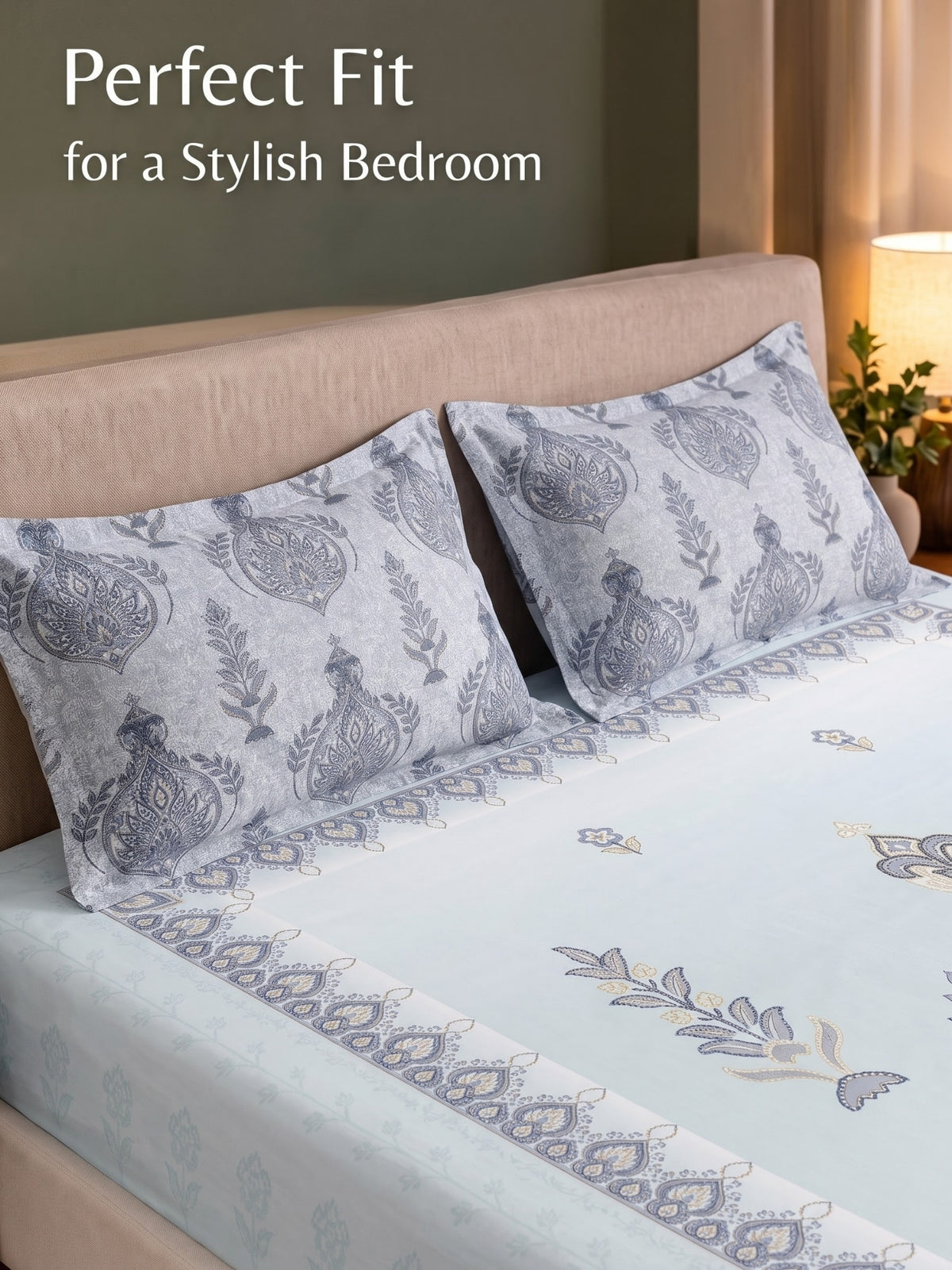 BOTTEGA PANEL Luxury King Size Bedsheet | 100% Cotton | 210 TC Premium Fabric | 108 x 108 Inches | Includes 2 Pillow Covers