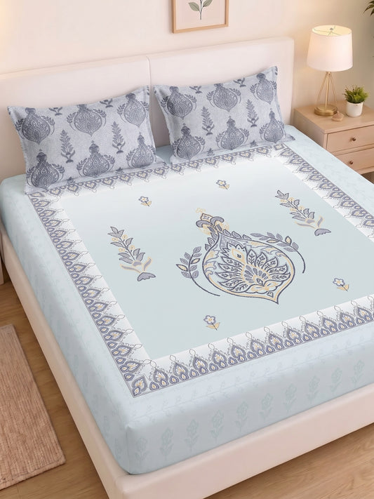 BOTTEGA PANEL Luxury King Size Bedsheet | 100% Cotton | 210 TC Premium Fabric | 108 x 108 Inches | Includes 2 Pillow Covers