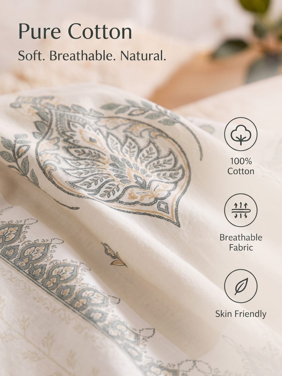 BOTTEGA PANEL Luxury King Size Bedsheet | 100% Cotton | 210 TC Premium Fabric | 108 x 108 Inches | Includes 2 Pillow Covers