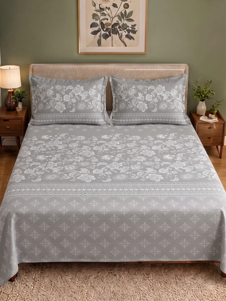 CELESTIA 100% Cotton Luxury Bedsheet | 250 TC Satin Weave | King Size 108 x 108 Inches | Ultra Soft & Elegant| Stone Grey