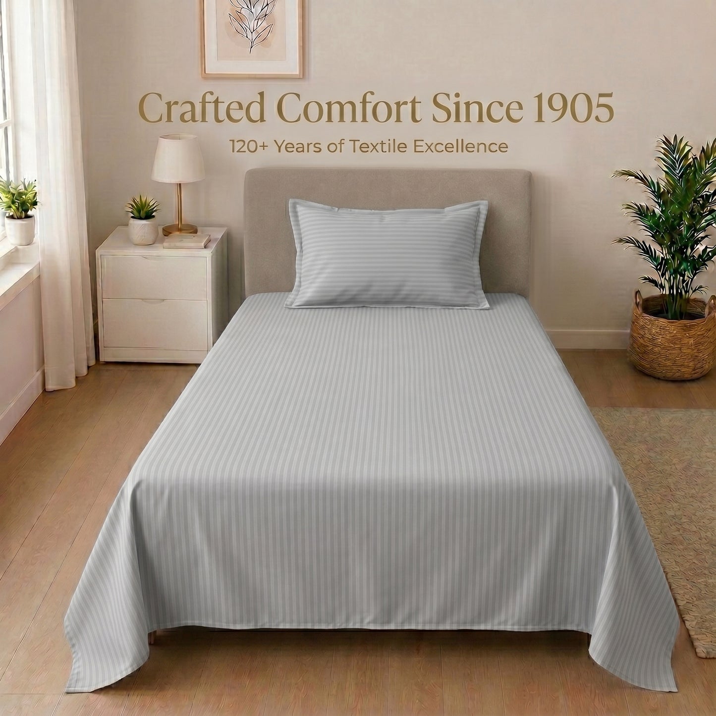 210 TC 100% Cotton Italian Strip Single Bedsheet | 90 x 60 Inches | Grey