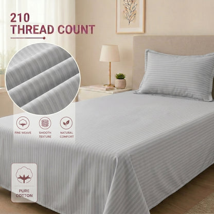 210 TC 100% Cotton Italian Strip Single Bedsheet | 90 x 60 Inches | Grey