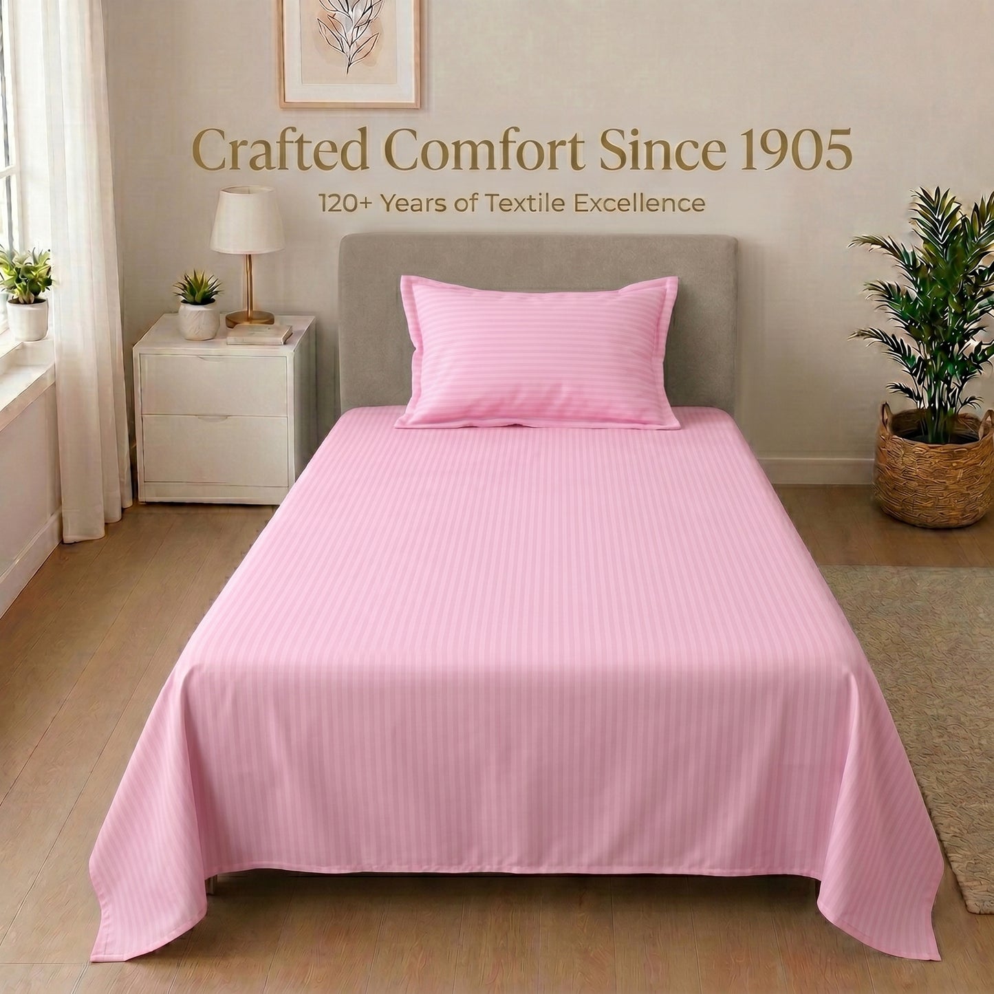 210 TC 100% Cotton Italian Strip Single Bedsheet | 90 x 60 Inches | Light Pink