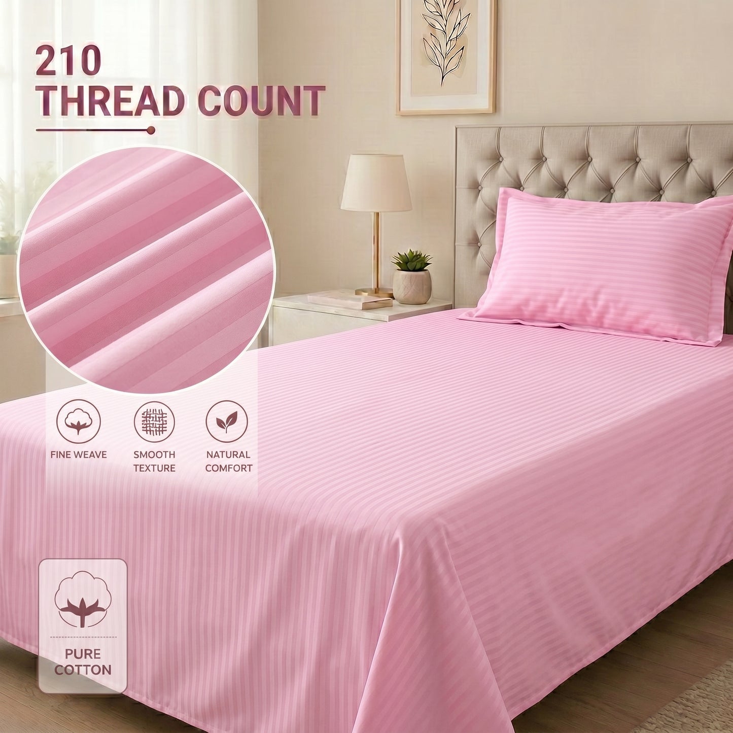 210 TC 100% Cotton Italian Strip Single Bedsheet | 90 x 60 Inches | Light Pink