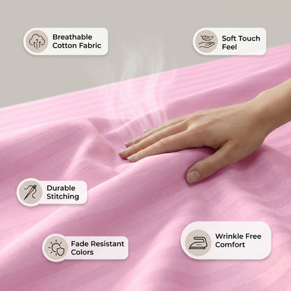 210 TC 100% Cotton Italian Strip Single Bedsheet | 90 x 60 Inches | Light Pink
