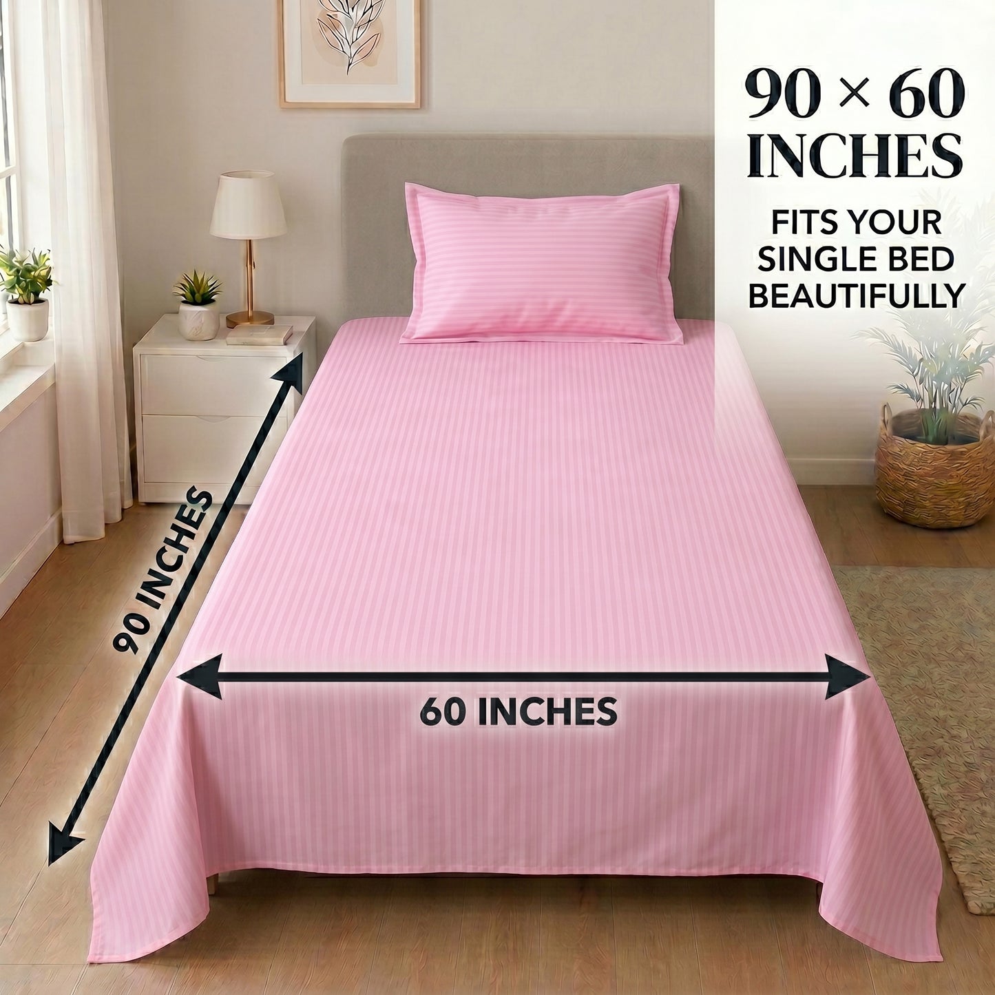 210 TC 100% Cotton Italian Strip Single Bedsheet | 90 x 60 Inches | Light Pink