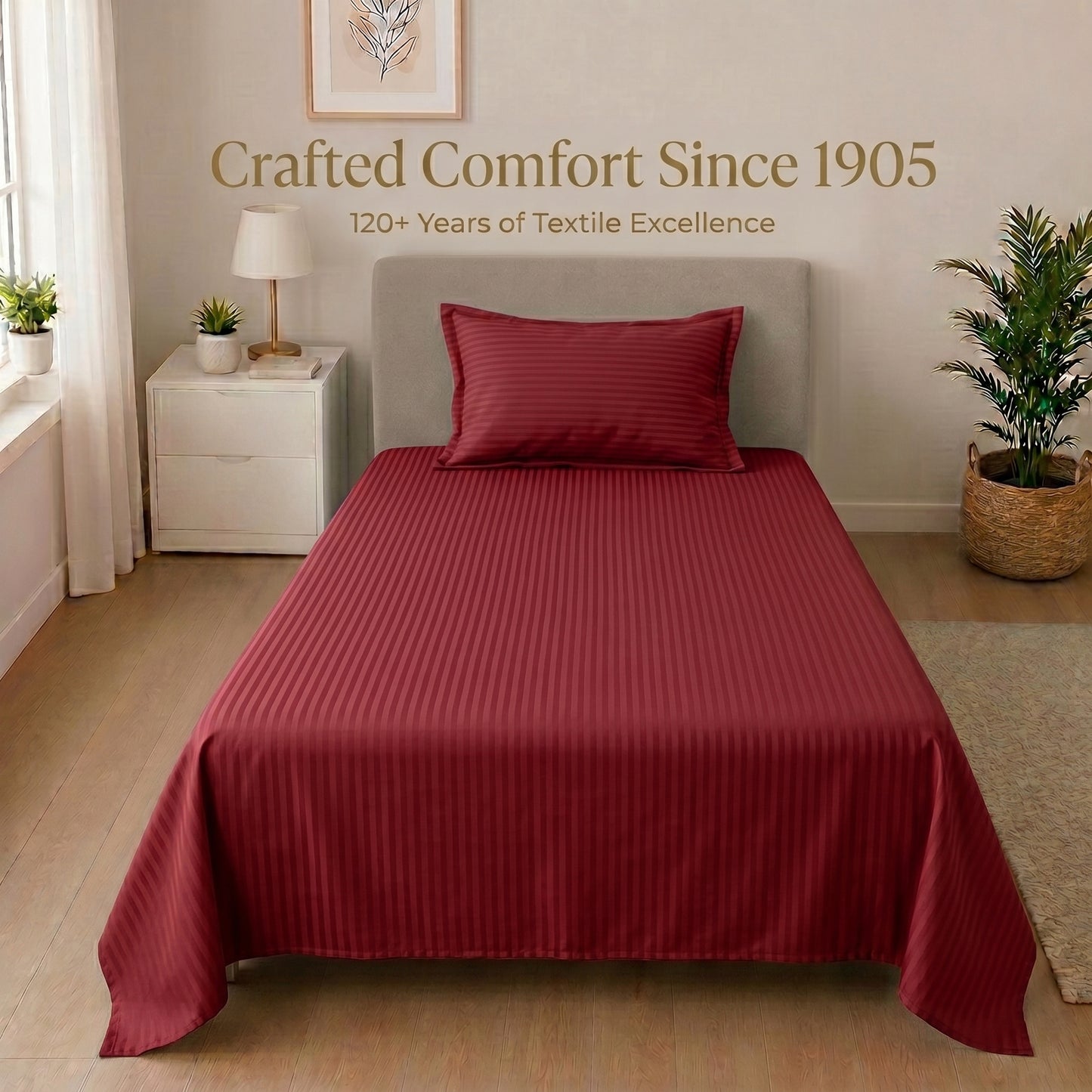 210 TC 100% Cotton Italian Strip Single Bedsheet | 90 x 60 Inches | Maroon
