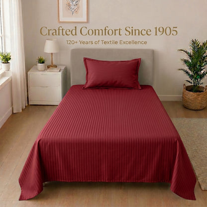 210 TC 100% Cotton Italian Strip Single Bedsheet | 90 x 60 Inches | Maroon